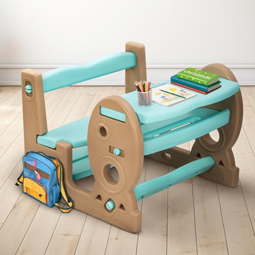 Image of BAYBEE Plastic 4 In 1 Baby Study Table & Chair Set For 2+ Years Kids Desk Set | Reading & Writing Study Table For Kids With Chair (Blue), 55 cm, 43 cm, 56 cm