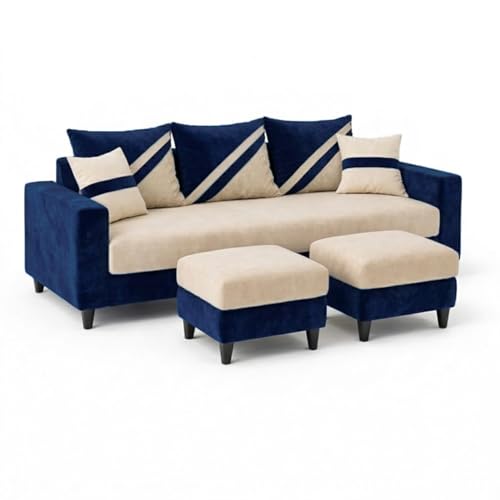 Image of SLEEPIFY Covelle 3 Seater Sofa Set with 2 Ottoman (Dark Blue - Cream) | Premium Soft Velvet | Plush Comfort Cushions | Modern Living Room Sofa | Spacious Comfortable Seating