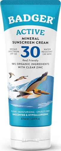 Badger Mineral Sunscreen Cream SPF 30, Reef Safe, Travel Size, 2.9 fl oz