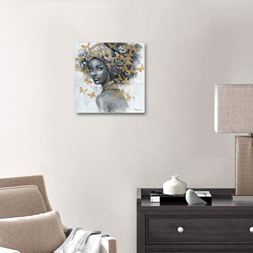 Black Women Art African American Wall Art For Bedroom Black Woman Portrait With Earrings Portrait Picture Golden Butterfly Black And White Canvas Print Framed Artwork For Wall Decor Bedroom Bathroom 12"X12" #TOP4