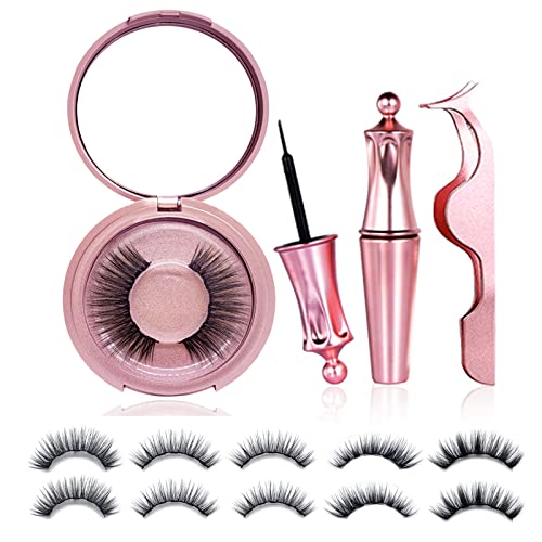 Magnetic Eyelashes and Eyeliner Kit - Yugui Reusable 3D Magnetic False Lashes with Eyelashes, Eyeliner,Tweezers, Mirror Extension No Glue Needed…