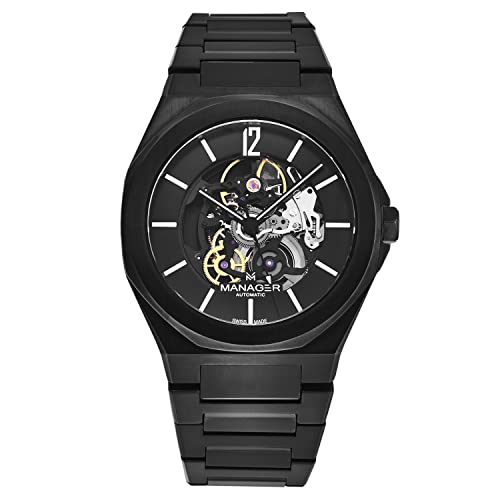 Manager Men's 'Open Mind' Black Dial Black Stainless Steel Bracelet Automatic Watch MAN-RO-09-NM
