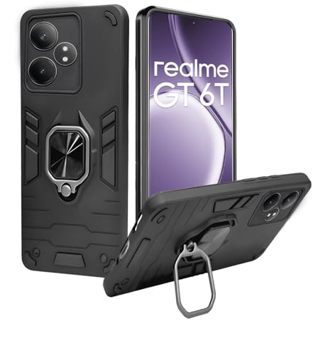 Image of A rtistque Armor Bumper Back Case Cover for Realme GT 6 / GT 6T 5G | Stylish Ring Holder & Inbuilt Stand | Shockproof TPU Protective Design | 360 Degree | Realme GT 6T Back Cover - Black