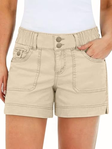 Flamingals Womens Mid Waist Solid Split Side Flap Pocket Casual Shorts Khaki S