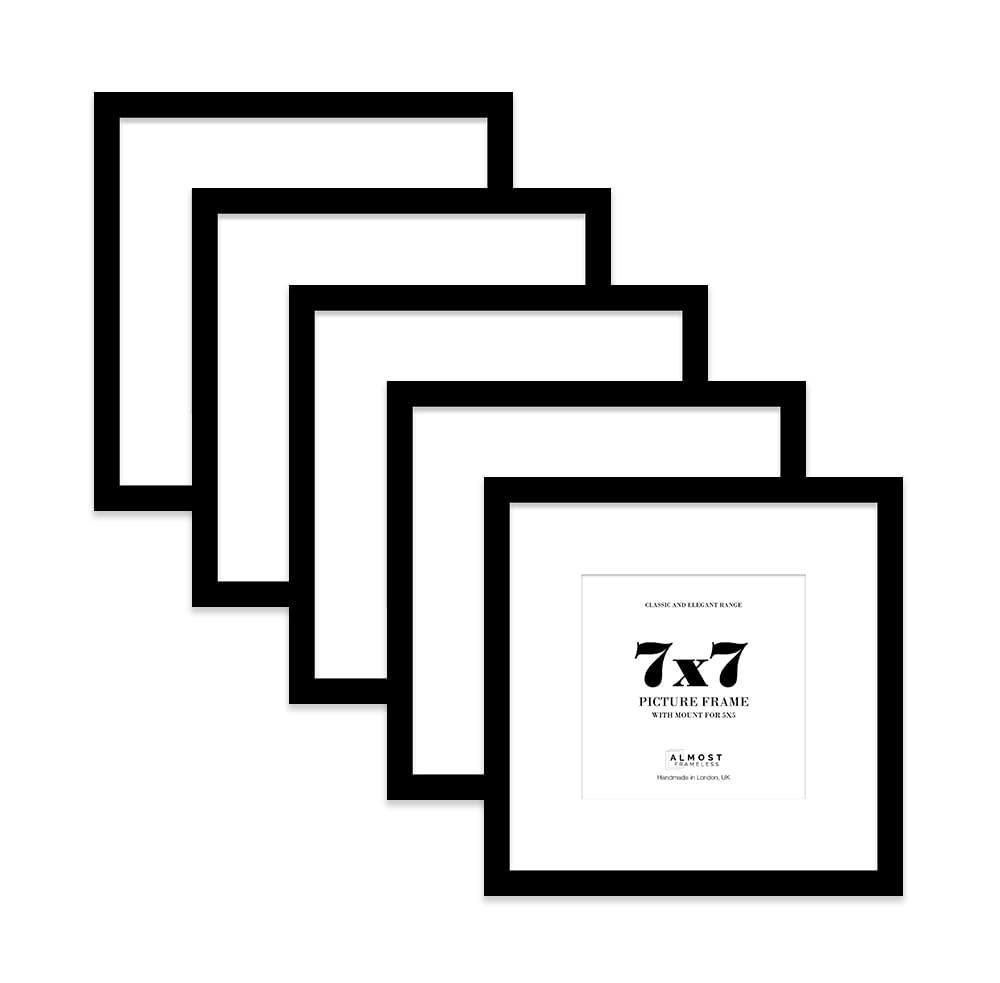 7x7 Black Picture Frame with Mount for 5x5 Photos, Prints - Modern Square Wall Frame, Set of 5