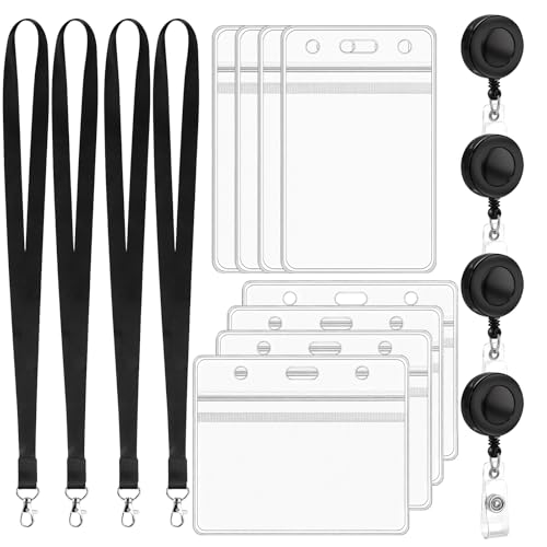 4 Sets Portatarjetas Colgante con Lanyard y Enrollable – Porta Tarjetas Identificación Transparente Impermeable para DNI, Tarjetas de Transporte, Oficina y Escuela