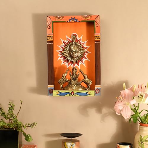 Image of AAKRITI ART CREATIONS Divya Wall Decor Orange Frame with Brass Sculpture of Surya Dev | Dhokra Art, Matte Finish | Wooden & Dhokra Wall Shelf Decor for Home