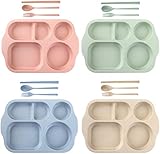 Nicunom 4 Pack Unbreakable Divided Plates, 5-Compartment Wheat Straw Tray Section Plates for Toddlers Kids Children Adults, Microwave Dishwasher Safe, BPA Free, Lightweight, 11 Inch