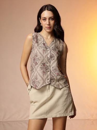 Image of Amazon Brand - INKAST Women Floral Printed Button Down V-Neck Tunic Top|Sleeveless|Ethnic Crop Top