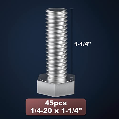 Image of 1 /4-20 x 1-1 /4 inch (5 /8 to 5 inch Optional) Hex Head Screw Bolt, Stainless Steel 18-8(304), Fully Threaded,45pcs
