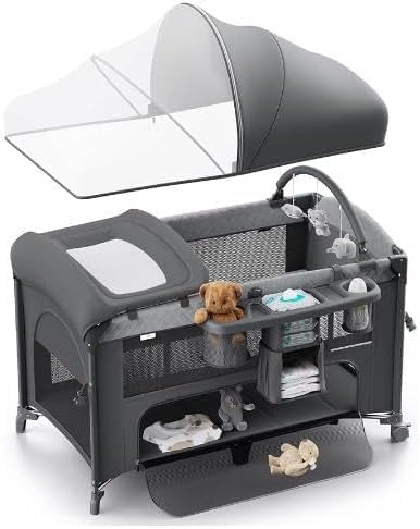 LIFEZEAL Lettino da viaggio 4 in 1, multifunzionale per bambini, con fasciatoio, zanzariera, asta da gioco, culla con materasso e borsa per il trasporto per bambini da 0 a 3 anni