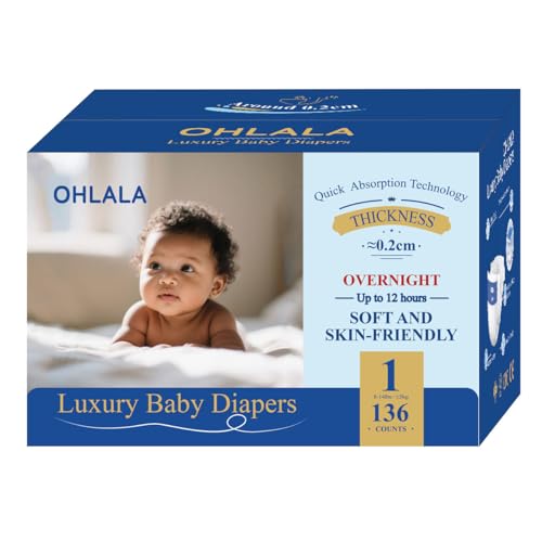 Image of OHLALA Luxury Diapers Size 1 136 Count 8-14 lbs Hypoallergenic Skin-Friendly & Leakproof Fragrance-Free Ultra-Thin 2 Pack