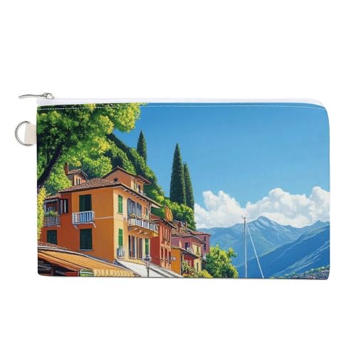 Italy Seaside Town Coin Purse Canvas Change Pouch Portable Pocket Wallet Mini Storage Bag with Zippered Keychain