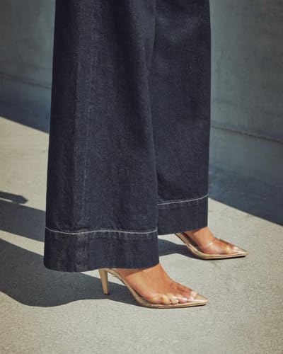 Women's Wide Leg Jeans with Straight Leg Fit - High Waisted Tummy Control & Hip Lift Trendy Stretchy Denim Pants Dark Blue — view 4