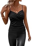 SweatyRocks Women's Twist Wrap V Neck Spaghetti Strap Ruched Camisole Tank Top Black Large