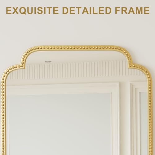 Gold Scalloped Wall Mirror Decor - 24"X36" Ornate Rounded Corner Rectangle Decorative Mirror with Beaded Metal Frame for Bathroom Vanity, Entryway, Fireplace, Living Room, Bedroom, Arched Corners — view 5