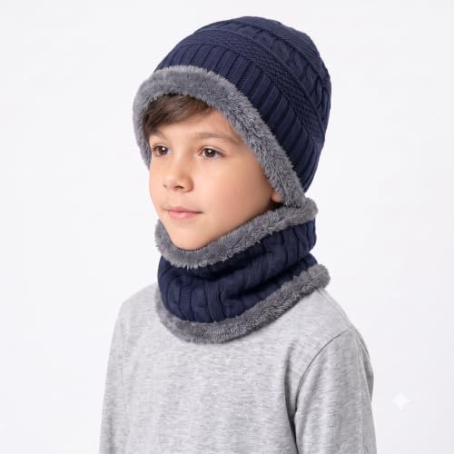 Image of Woolen Winter Cap with Neck Scarf for Boys and Girls /Kids Winter Cap (Age 5-14 Years)