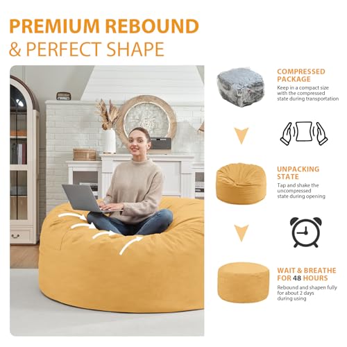 3FT Bean Bag Chair, Comfy Bean Bag Chairs with Memory Foam Filled, Fluffy Beanbag Sofa with Dutch Velvet Cover, Round BeanBag Chairs for Living Room, Playroom - Mustard