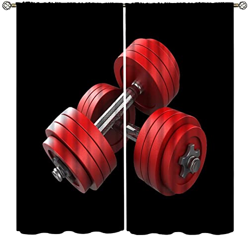 3D Dumbbells Curtains Boys Fitness Equipment Sports Blackout Rod Pocket Curtains,Gym Room Exercise Tool Window Drapes Barbell Sport Theme Bedroom Living Room Decor, Red Black 52x84in