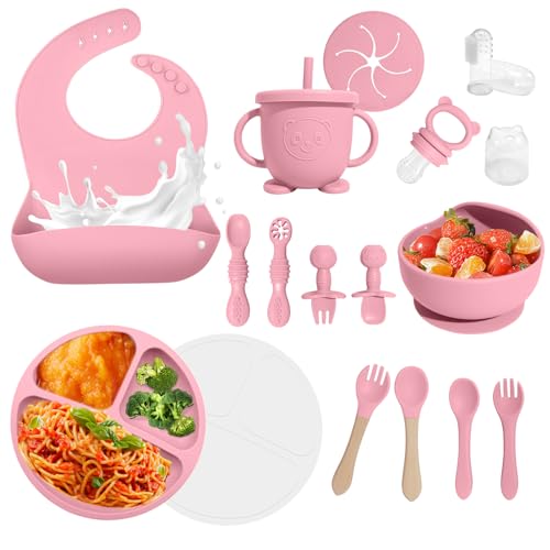 Image of Baby Led Weaning Supplies, 17 Piece BPA-Free Silicone Feeding Set, Eating Essentials Baby Utensils with Suction Plate and Bowl, Pocket Bib, Sippy Cup with Lid, for 6+ Months, Pink