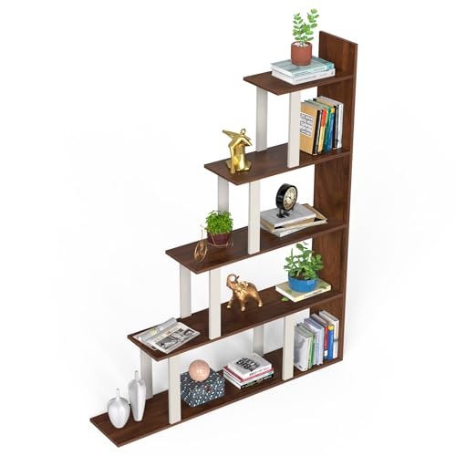 Image of BLUEWUD Wolabey Engineered Wood Ladder Style Bookshelf Cabinet Book Rack Organizer with Shelves for Decor Display, Cabinet Wall Floor Standing for Home (Brown Maple & White)