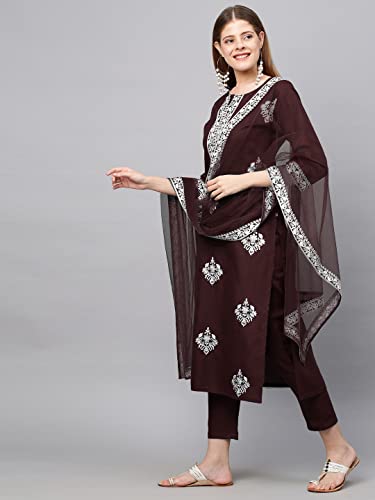 Image of GoSriKi Women's Cotton Blend Straight Embroidered Kurta with Pant & Dupatta
