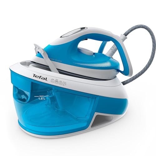 Tefal Express Airglide Dampfbügelstation, 2800 Watt, Durilium Airglide Bügelsohle, 5,9 Bar Pumpendruck, konstante Dampfabgabe: 120 g/Min., Dampfstoß: 380 g/Min., Vertikaldampf, weiß/blau, SV8002