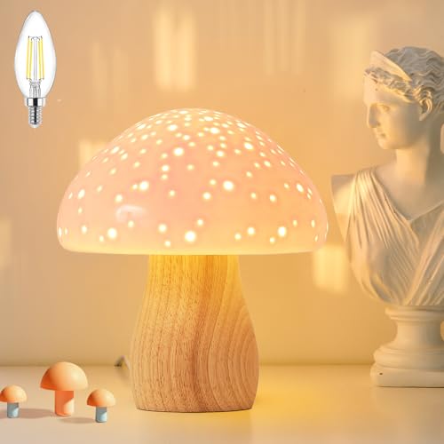 Image of BOHON Mushroom Lamp - Ceramic Bedside Table Lamp for Bedroom Nightstand, Vintage Cute Small Night Light with LED Bulb Included, Pink Home Decor for Girls Living Room Kids Desk, Light Pink