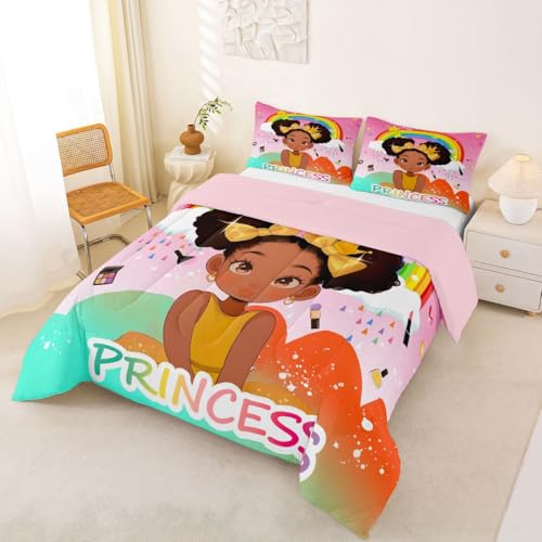 Image of Erosebridal Rainbow Black Girls Comforter Set King Size African American Bedding Set Black Princess Girl Makeup Quilt Comforter Afro Little Girl Bed Set for Kids Melanin Bedroom Decor
