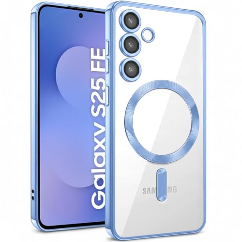 VONZEE Clear Logo Electroplating Transparent Case for Samsung S25 FE 5G, Magnetic Plating [Support for MagSafe Charger] Electroplate TPU Cover, Individual Camera Protection for Each Lens - Sierra Blue