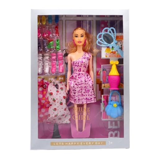 Image of SHAKTISM Doll Set for Girls with Makeup, Dress, Accessories, Wardrobe Closet, Hangers, Necklace, Multicolor, 3 Years and Up (Shine Fashion Doll)