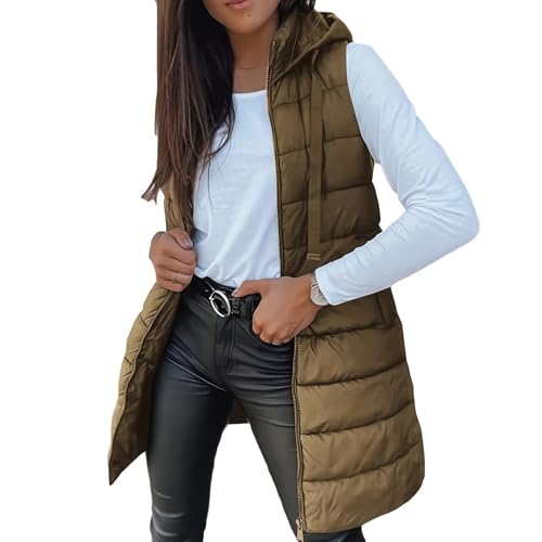 Canbebig Long Puffer Vest Women Oversized Quilted Hooded Jacket Solid Color Sleeveless Down Vests Lightweight Thermal Gilet