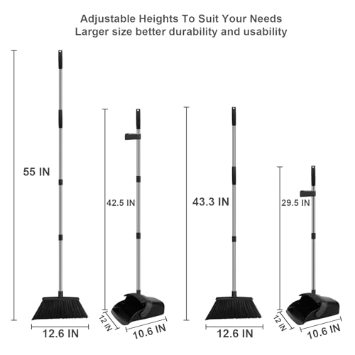 Image of Broom and Dustpan Set, Heavy Duty Large Household Broom with Dustpan Combo Set, 55 inch Long Handle Black Dust Pan Kit for Kitchen Lobby Indoor Outdoor