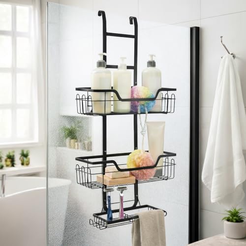 Image of MIORAH Hanging Shower Caddy for Bathroom Aluminium| Bathroom Organiser Without Drill | Bathroom Accessories Storage Organizer Black