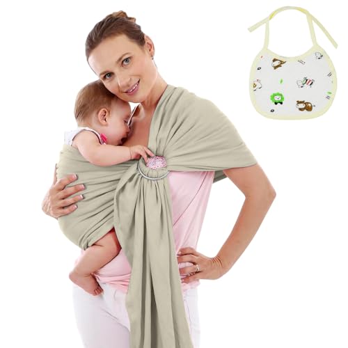 Aolso Tragetuch Baby, Verstellbare Ergonomische Babytrage, freihändige Babytrage, dehnbares Babytragetuch mit Babylätzchen, Tragetuch für Neugeborene(Khaki)