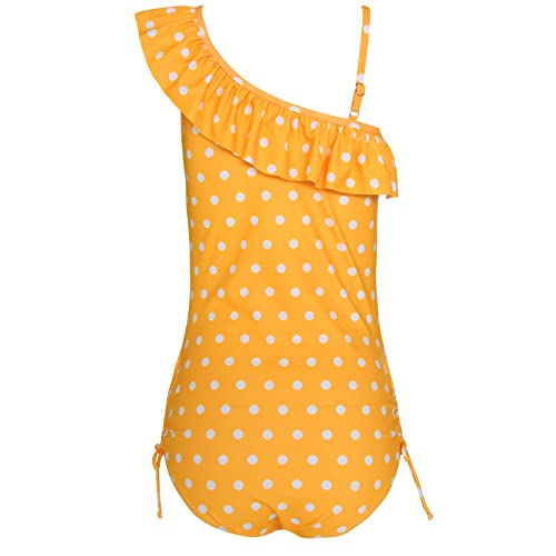 Image of Girls Lemon Double Ruffle One Shoulder Adjustable Swimwear Fashionable One Piece Bathing Suit(5y-16y)