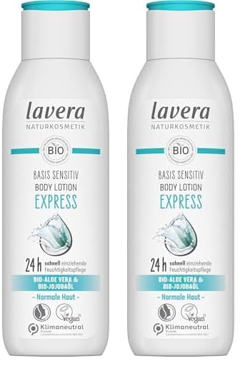 lavera basis sensitiv Body Lotion Express – Naturkosmetik – vegan - Bio-Aloe Vera & Bio-Jojobaöl – 250 ml (Packung mit 2)