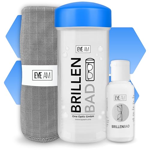 EyeAm Brillenbad (Blau) im Set mit 50ml Spezialreiniger & Mikrofasertuch | Brillenputztuch in Optiker Qualität | Brillenreinigung für jede Brille