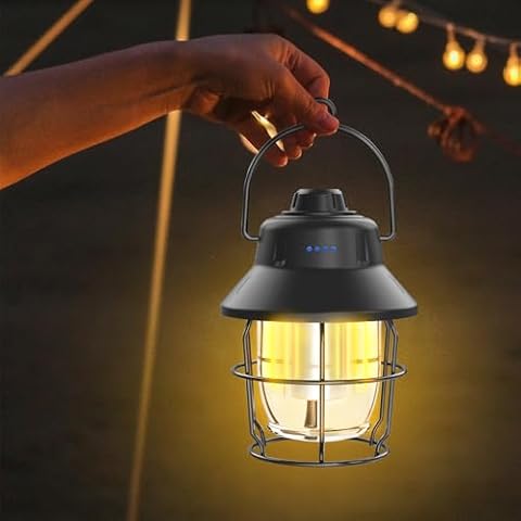 JINIU Rechargeable LED Camping Lantern, Mini Retro Camping Lights, 1000LM, Portable Waterproof 3 Light Modes (2700-6500K) Stepless Dimming Brightness, Hanging Tent Light for Camping, Power Outages Cover