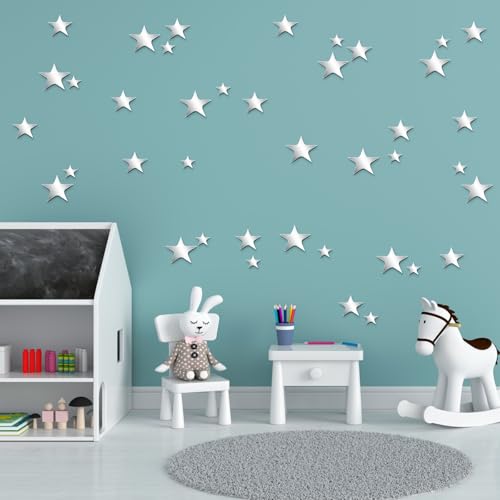 44 Stück silberne Sterne, Spiegel-Aufkleber für Wände mit Klebstoff, Acryl-Spiegel-Wandaufkleber, Dekoration für Schlafzimmer, Stern-Dekoration, silberfarbene Wanddekoration für Baby, Kinder, Mädchen
