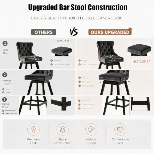 Image of Black Swivel Bar Stools, Velvet Counter Height Bar Stools Set of 2