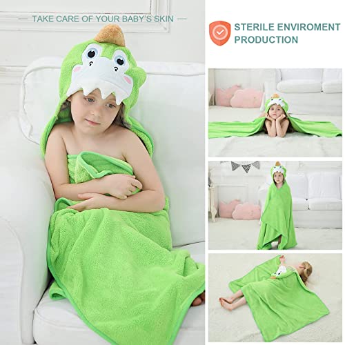 Image of MICHLEY Cartoon Hooded Baby Towel Unisex, Premium Soft Swimming Bathrobe Large Washcloths 31.5 inch x 53 inch for 0-9T (Green Dinosaur)