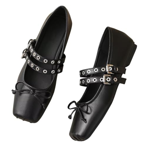 Hee grand Women's Mary Jane Flats Fashion Bowknot Square Toe Ballet Flats Comfortable Ankle Strap Flats