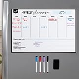 Magnetic Dry Erase Weekly Calendar Whiteboard for Fridge 17"x12" - 4 Fine Tip Markers and Large Eras