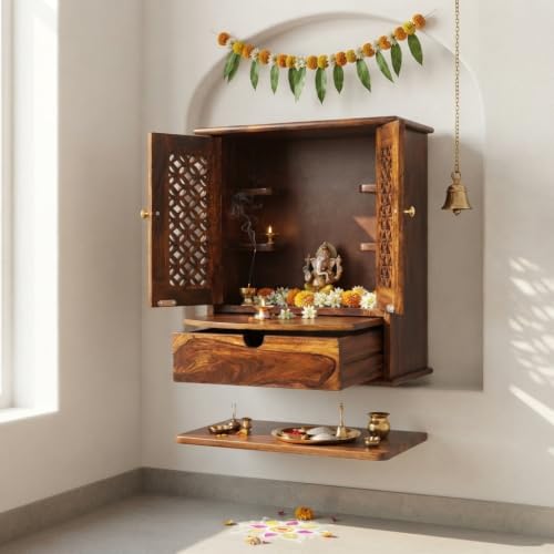Mira 100% Solid Sheesham Wood Pooja Mandir for Home | Wall Mounte...