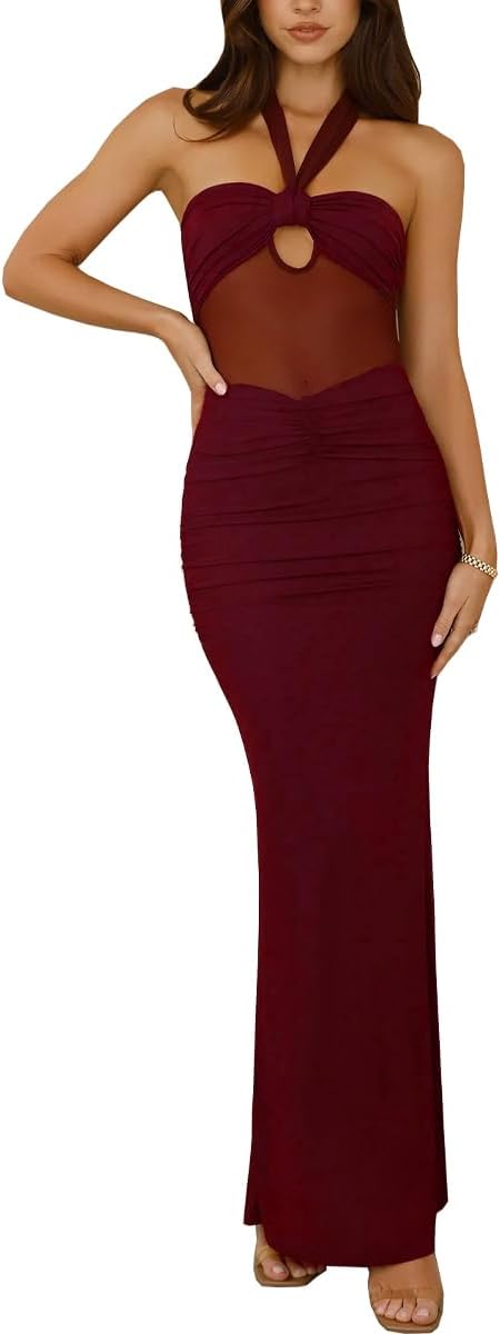 Women's Sexy Halter Backless Maxi Dress Mesh Patchwork Cut Out Sleeveless Bodycon Long Dress Ruched Cocktail Dresses