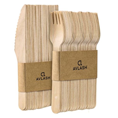 Avlash Pack of 200 Wooden Disposable Knives & Forks Compostable & Biodegradable Disposable Wooden Cutlery Set Plastic Free Eco Friendly - (100pcs Knife & 100pcs Fork)