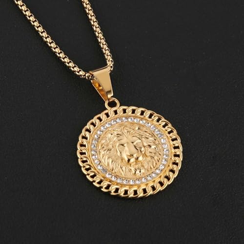 HZMAN 18K Gold Plated Lion Head Necklace Pendant for Men Stainless Steel Hip Hop Rock Lion King Necklaces Charm Animal Amulet Jewelry3