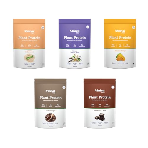 Image of Maiva Pro | Plant Protein Isolate - Assorted Pack - 250gm (Pack of 5) | Upto 30g Protein & 6.5g BCAA | All Essential Amino Acids | Gut Friendly, Easy to Digest | Vegan, Dairy Free, No Preservatives