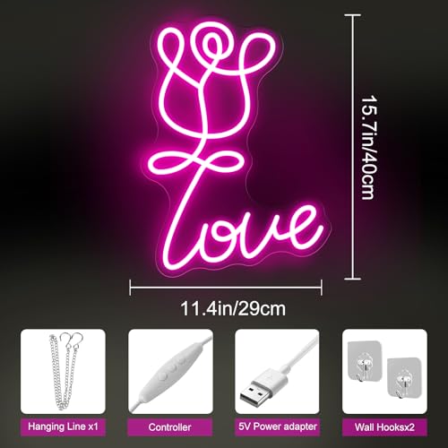 Image of Love Neon Sign, Rose Flower LED Light，For Lovers Gift Photography Background Light Engagement Party Gift Nightlight Love and Rose, Wedding Decoration, 15.7 inchx11.4 inch